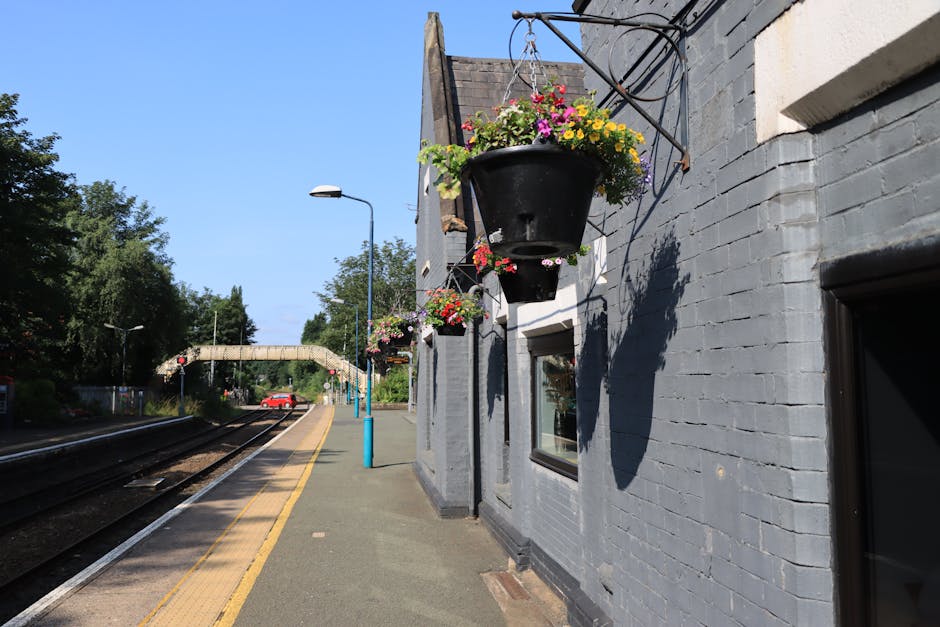 A close-up view of a flower arrangement hanging outside a building at High Barnet station, featuring a black hanging basket filled with vibrant pink, yellow, and purple petunias and trailing greenery.