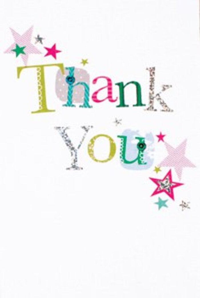 There's a gentle exuberance in the design of this thank you card that suggests both sophistication and a touch of playful spirit-hallmarks of the Barnet community itself. Each letter in 'Thank You' is thoughtfully crafted, with whimsical spots and expressive curves, as if sketched with care by a florist familiar with the warm laughter of Barnet gatherings. The vibrant stars clustered around the message glint with sparkling pink stripes, cascade in deep turquoise tones, and catch silvery highlights, casting a festive spell reminiscent of evenings under the lights at The Spires. The thoughtful arrangement of these details, set against a crisp, dazzling white background, imparts a feeling of airiness and modern poise, the smallest accents twinkling like stardust caught on a breeze through Ravenscroft Gardens. The card's design is inviting without being overly formal, effortlessly blending warmth and approachability for a universally sincere sentiment. It beckons to nestle next to a hand-tied bouquet-a sincere gesture from a Barnet florist who knows how to enhance a moment of appreciation with just the right blend of color and refinement. In every tactile flourish, you sense that gratitude-much like fresh flowers-is best shared from the heart.