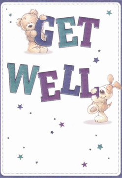 Radiating a sense of buoyant optimism, this get well card brings together charming artistry and heartfelt encouragement, much like a thoughtfully arranged bouquet from the heart of Barnet. The focal point is the delightful interaction between a cuddly teddy bear and a friendly, floppy-eared puppy, each character energetically involved in passing along a message of hope. The teddy clings gently to the word 'GET,' its soft brown fur painted in inviting strokes, while the puppy, rendered with velvety ears and an upturned snout, brings life to the word 'WELL.' Bright, bold letters in rich blues, purples, and teals create a festive yet soothing mood, reminiscent of the cool, refreshing flowers found along Barnet High Street or at Saturday's local market. Star-shaped bursts, scattered liberally like confetti, accentuate the design with their playful shimmer, echoing the possibility and magic that comes with wishing someone well. The pristine white background bathes the scene in clarity and calm, similar to the serene atmosphere freshly cut flowers bring into any Barnet home. As a local florist, I see mirrored here the same care and intention that goes into each get well bouquet-each detail chosen to foster comfort, cheer, and gentle encouragement. This card embodies the warmth of our community, a perfect way for loved ones in Barnet to send both heartfelt words and emotional support to anyone recovering or in need of a little extra brightness.